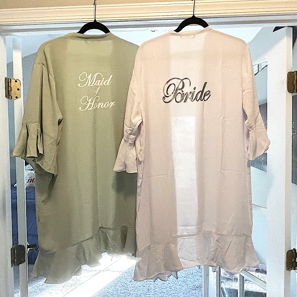 2 for $50 Bride + maid of honor robe set S/M/L ( sage and white) Each worn once!